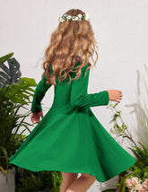 Girls Long Sleeve Stretchy Dress a Line Twirly Skater School Party Dress